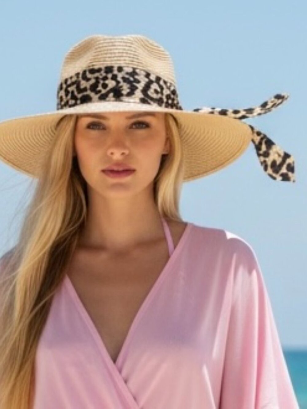 New Marcus Adler Panama Hat Wide Brim Leopard Trim NWOT